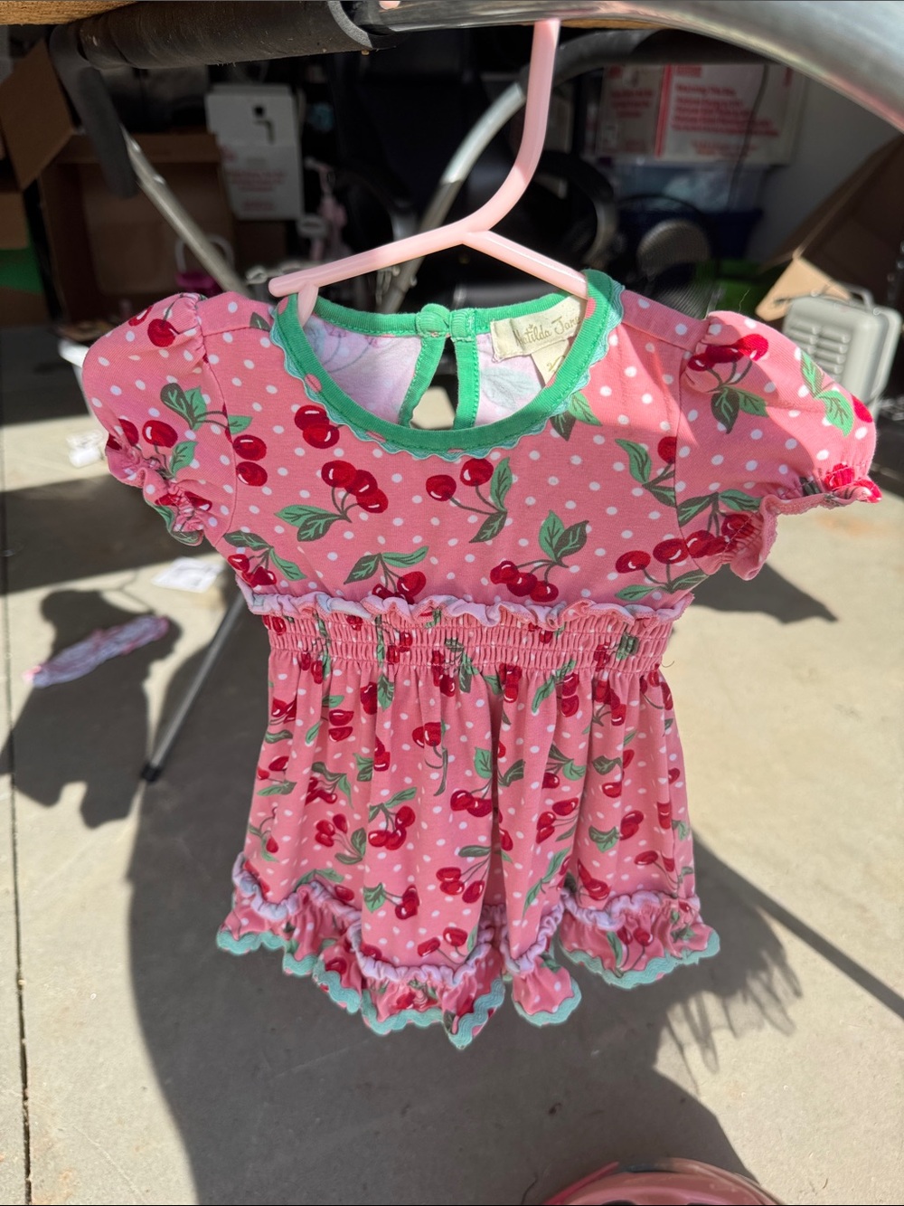 Matilda Jane Pink Cherry Print Dress with Green Trim